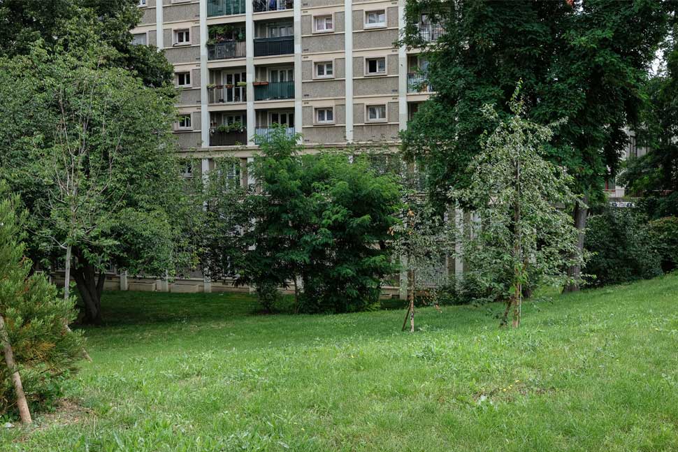 Façade de la résidence de Malakoff (92) avec vue sur l'espace vert